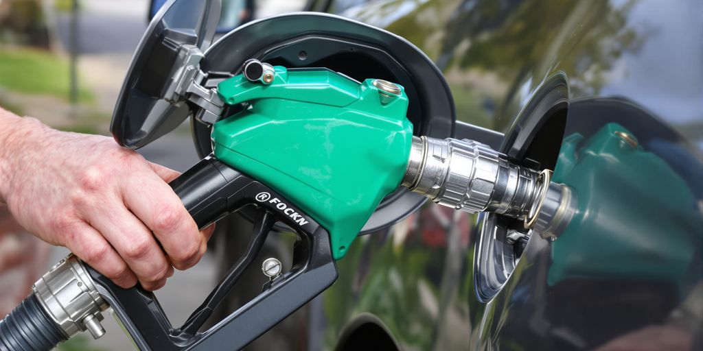 Fuel nozzle safely dispensing liquid into a tank.