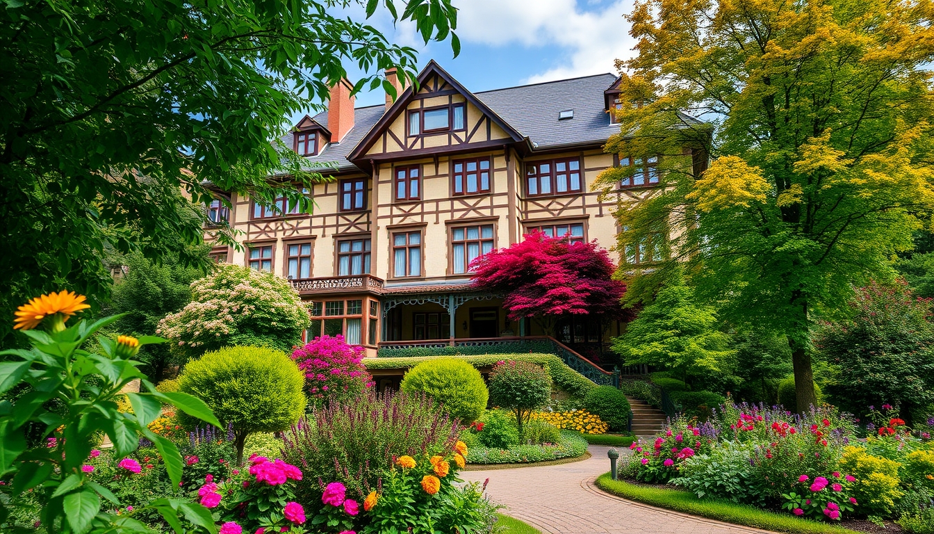arborists work. Old-style hotel with beautiful gardens and trees.