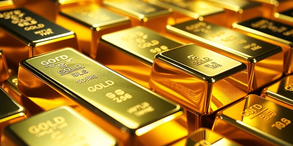 Lingots d'or brillants empilés sur un fond sombre.