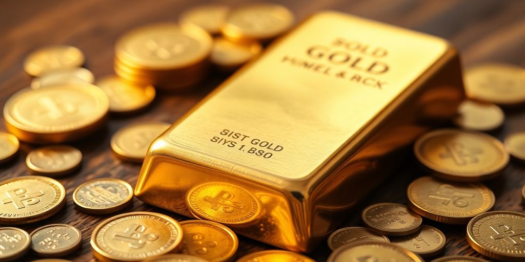 Barre d'or et pièces sur une surface en bois.