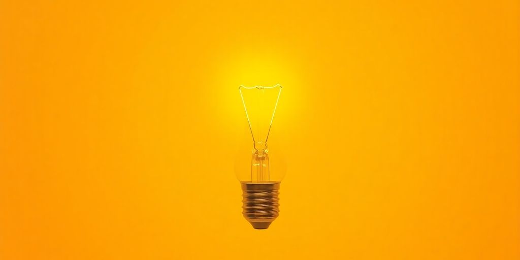 Glowing lightbulb, bright idea, yellow background.