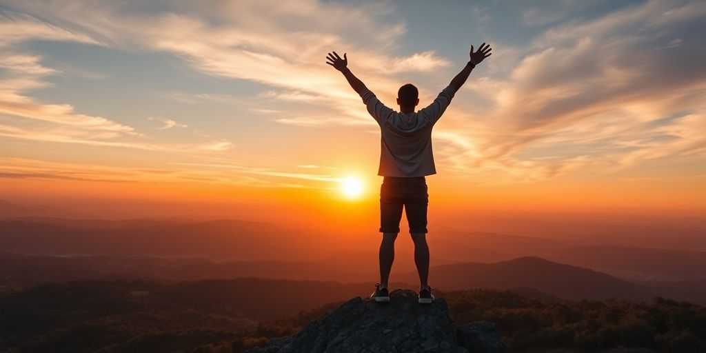 Person celebrating achievement on a mountain peak at sunrise.