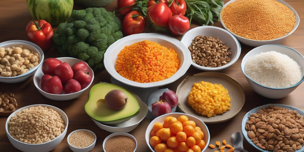 healthy high fiber foods on a kitchen table