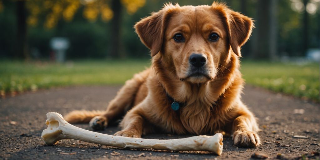 Dog staring at chicken bone with a question mark.