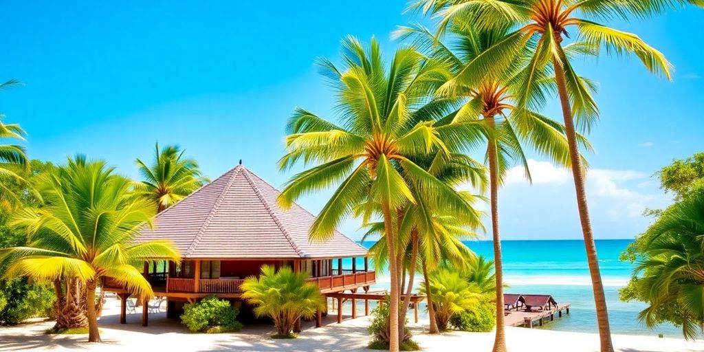 Beach house on Koh Samui with palm trees and sea.