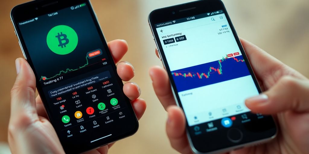 Two smartphones, cryptocurrency exchange on screens.