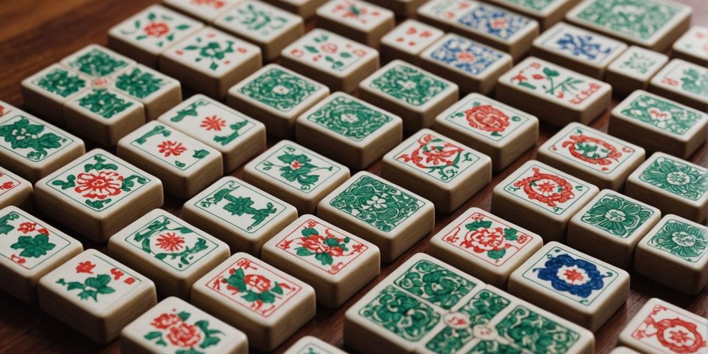 Different sized Mahjong tiles on a wooden table.