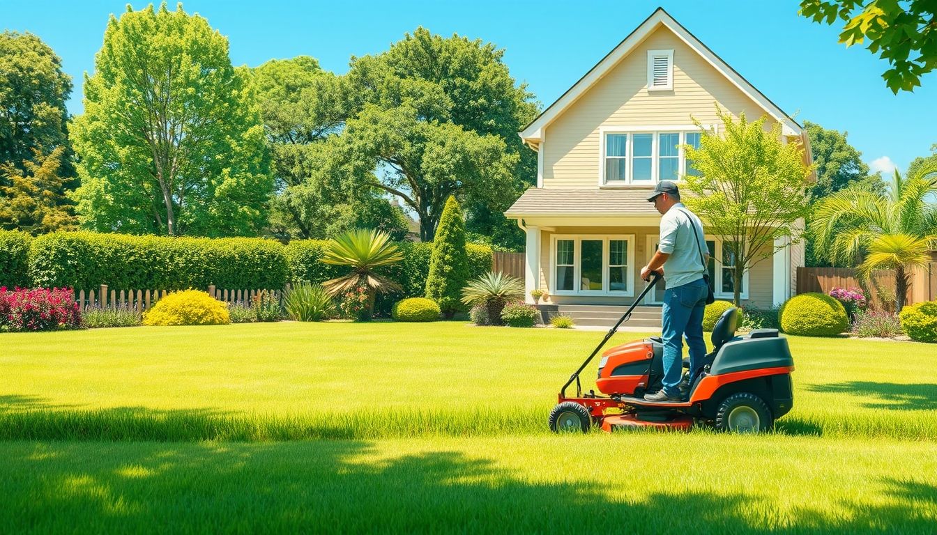 Gardener mowing a lush green lawn