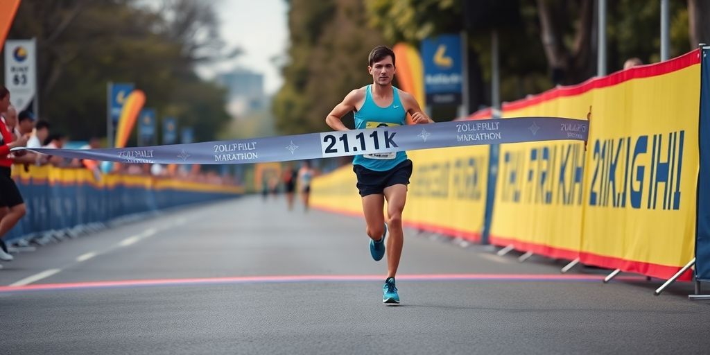 Runner finishing a half marathon at 21.1 kilometers.