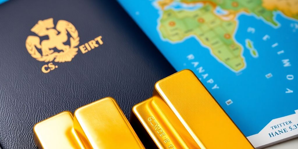 Lingots d'or et passeport sur fond de carte du monde.