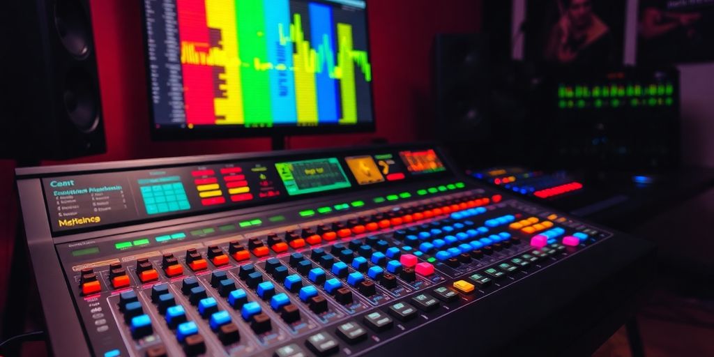 Professional audio mixer with colorful sound levels.