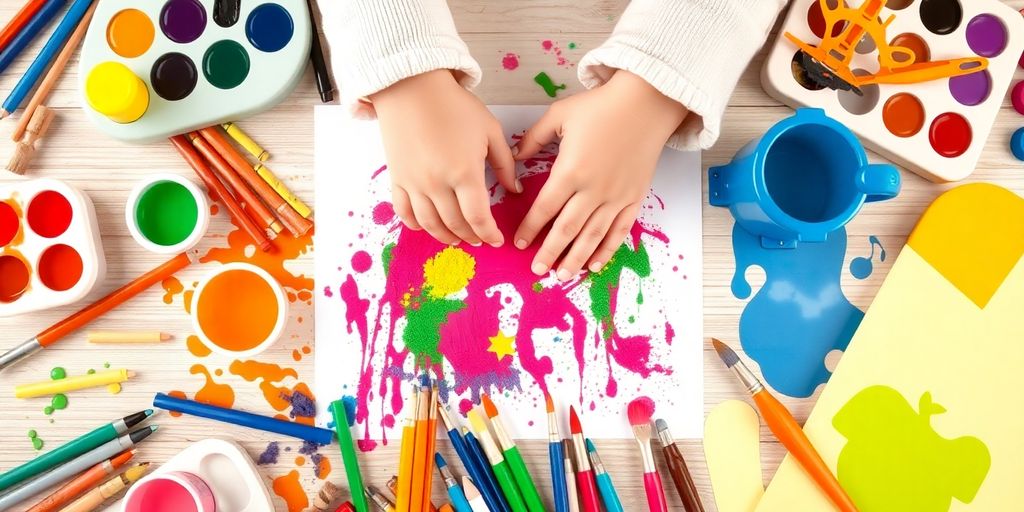 Bunte Kunstmaterialien und spielerische Lernspielzeuge auf einem Tisch.