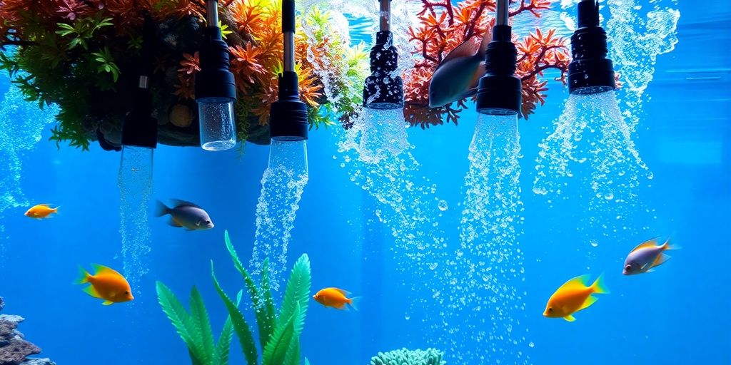 水下水族箱场景，配有动力头和色彩斑斓的鱼。