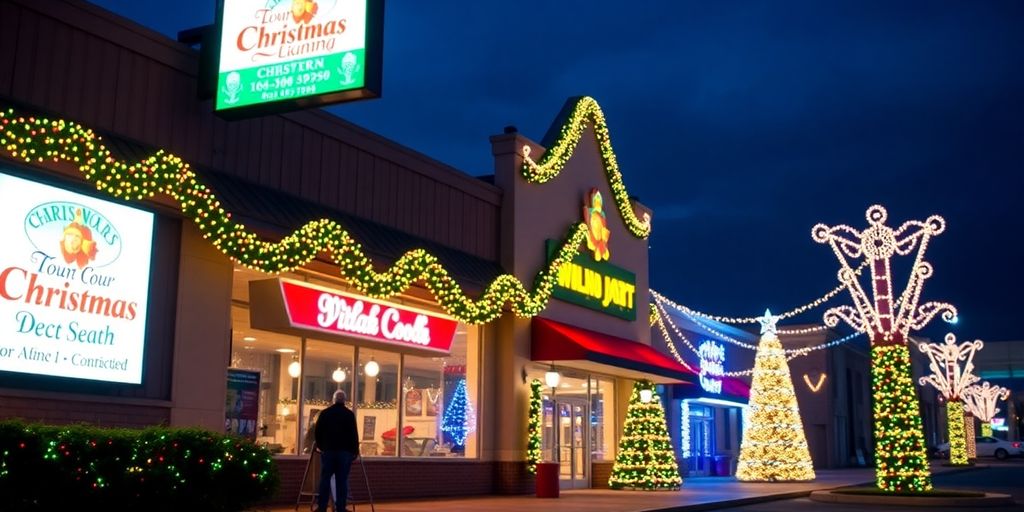 Bright commercial Christmas lights illuminating a Wildwood building.