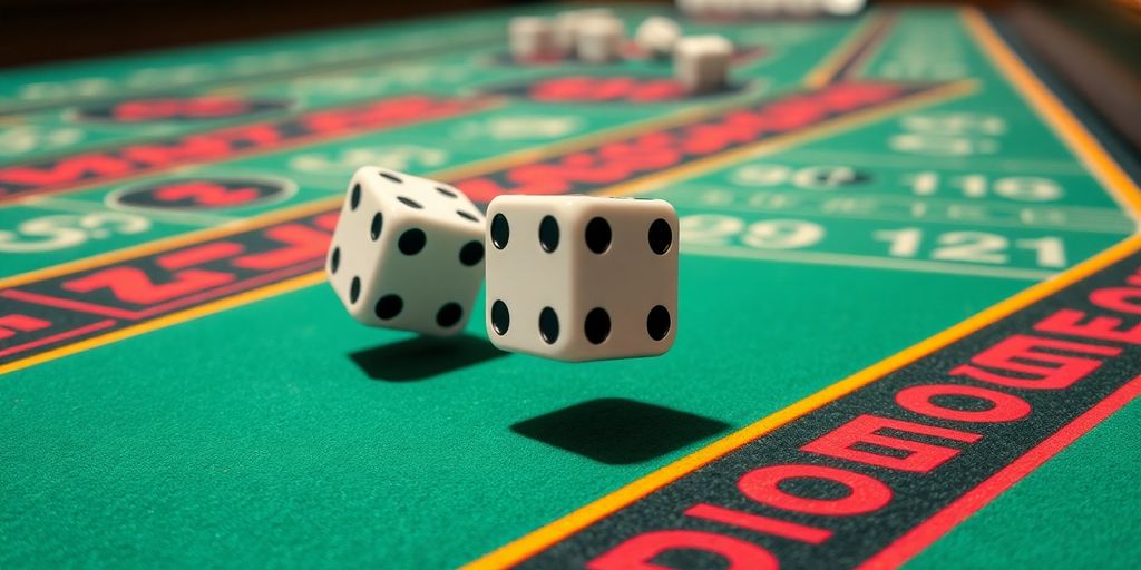 Dice rolling on a craps table.