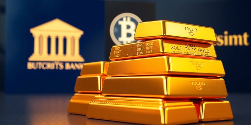 Lingots d'or devant des logos bancaires.