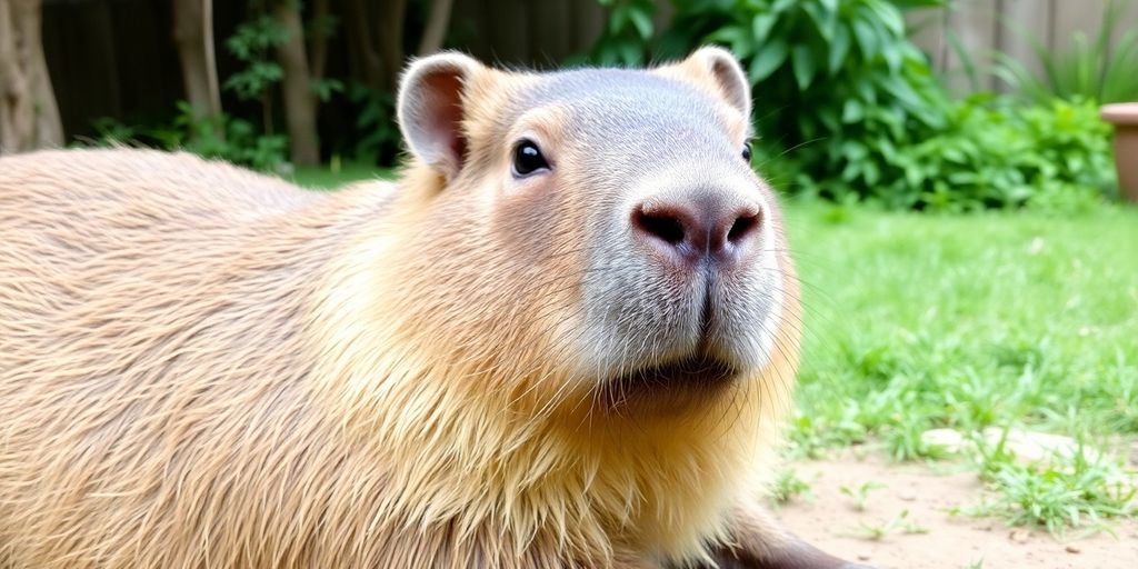 Capybara relaxing in a serene, grassy enclosure.