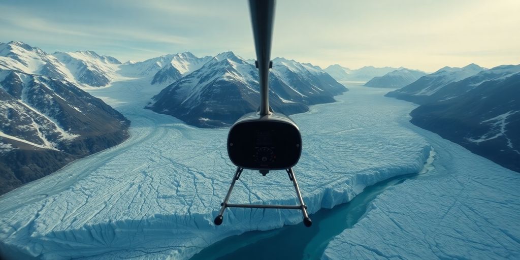 A helicopter flying over a vast, rugged Alaskan glacial landscape.