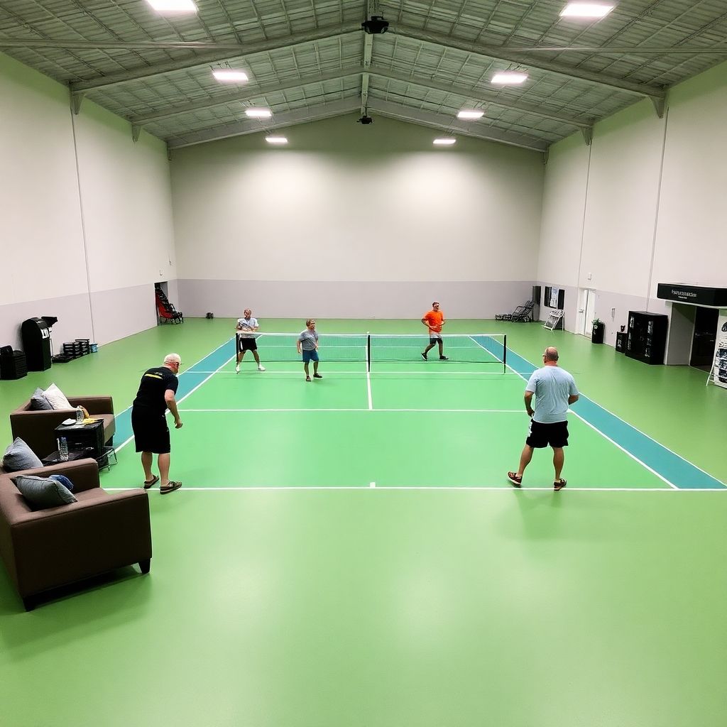 Indoor pickleball court with amenities.