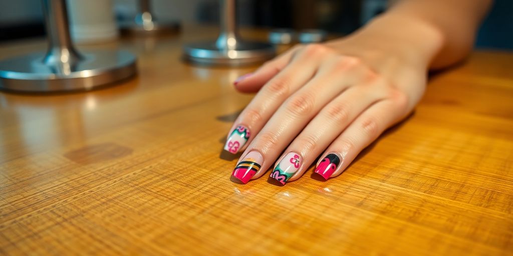 Unhas decoradas com cores vibrantes e detalhes intricados.