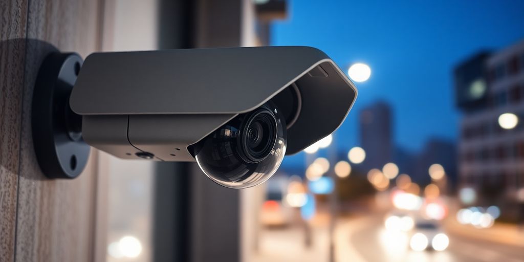 CCTV camera monitoring a street scene.
