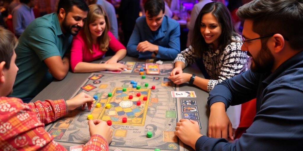 Players enjoying a board game with colorful tokens and cards.