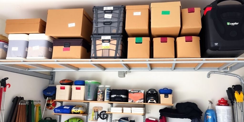 Overhead garage storage rack with organized boxes and items.