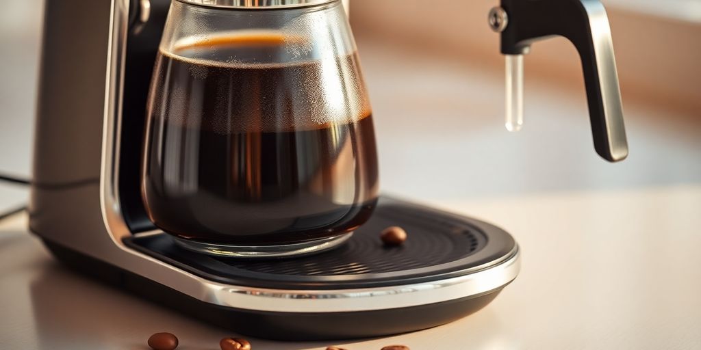 Sleek coffee maker with steaming coffee in a glass carafe.