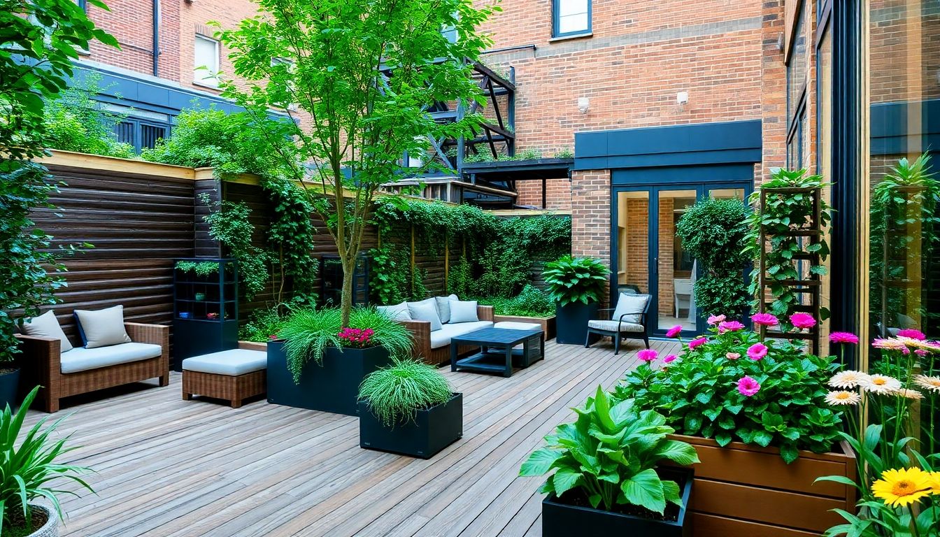 Urban garden with wooden decking and lush greenery.