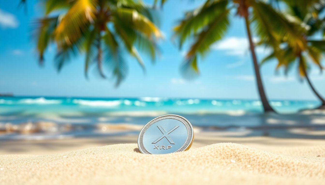 XRP coin on a sandy beach