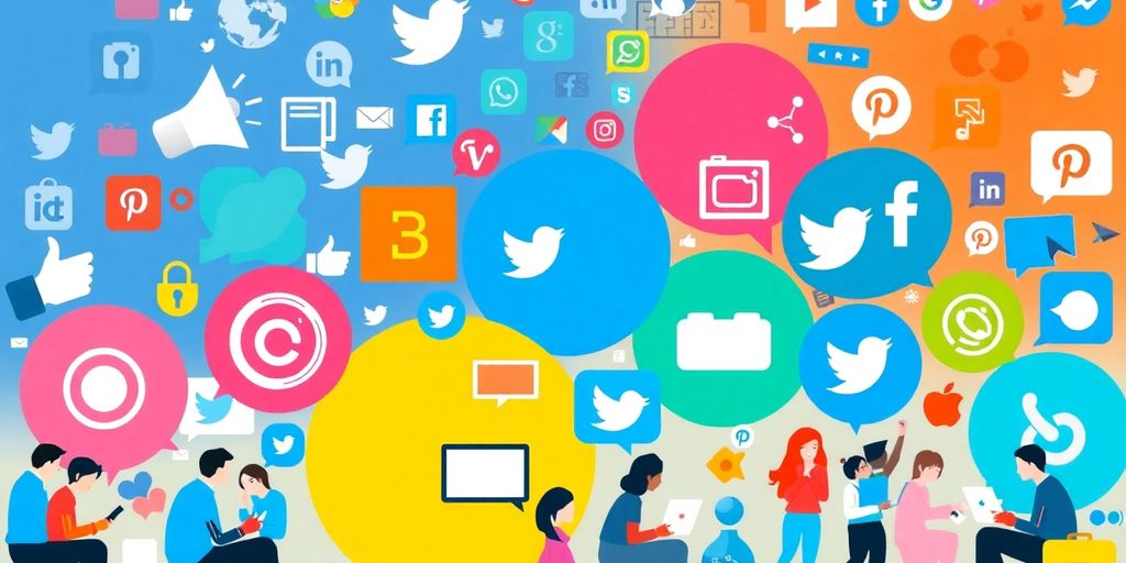 Collage of social media icons and people interacting online.