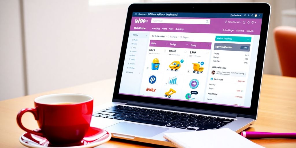 Laptop with WooCommerce dashboard and coffee on desk.