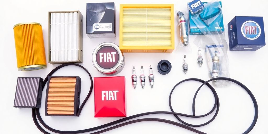Fiat car parts laid out on a clean surface.