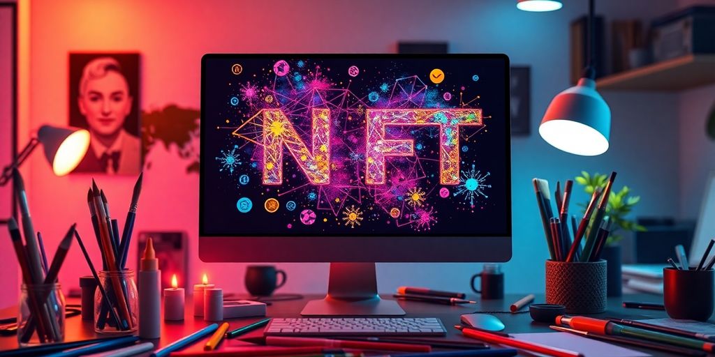 Colorful NFTs on a computer in a creative workspace.