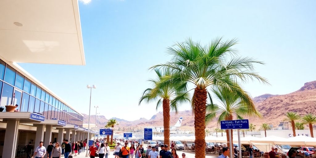 Cabo San Lucas Airport with travelers and palm trees.