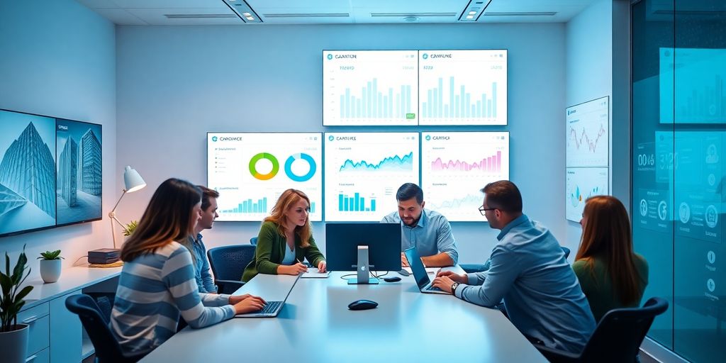 Profissionais de marketing digital em ambiente moderno.