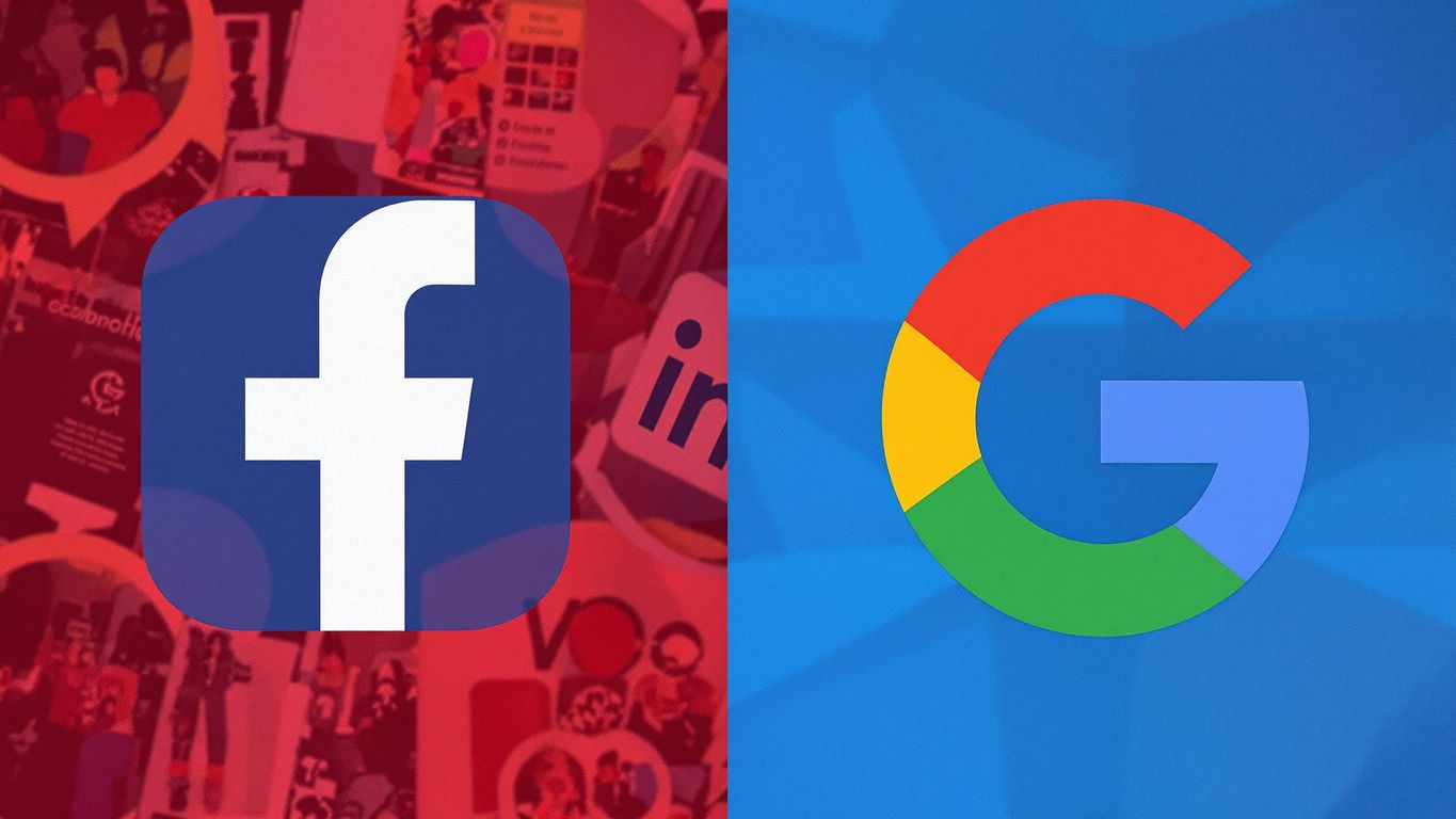 Logoer av Facebook og Google med fargerike bakgrunner.