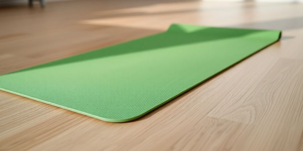 Yoga mat unrolled on a clean wooden floor.