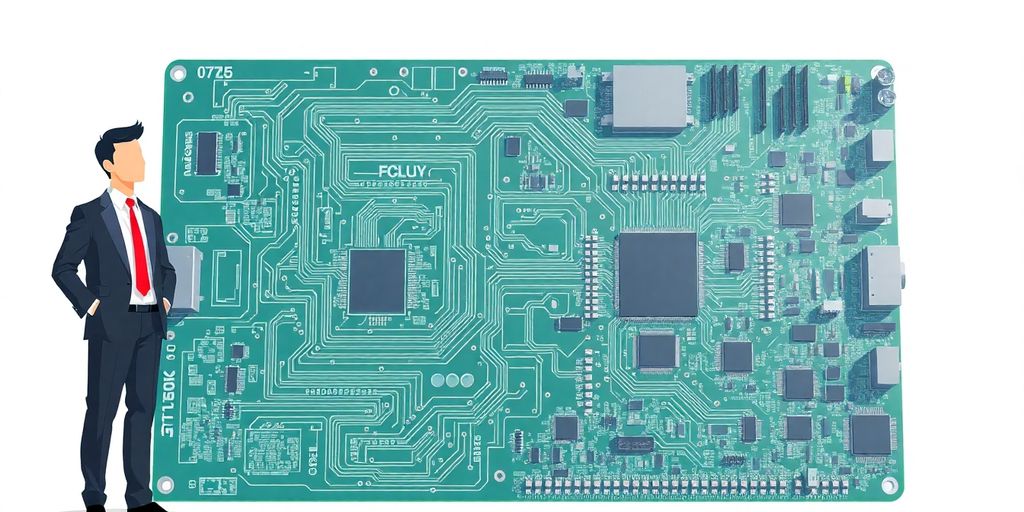 An engineer stands beside a circuit board.