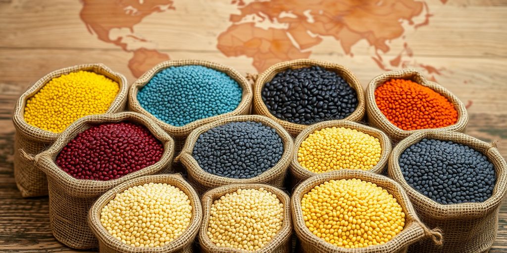 Sesame seeds in burlap sacks on wooden background