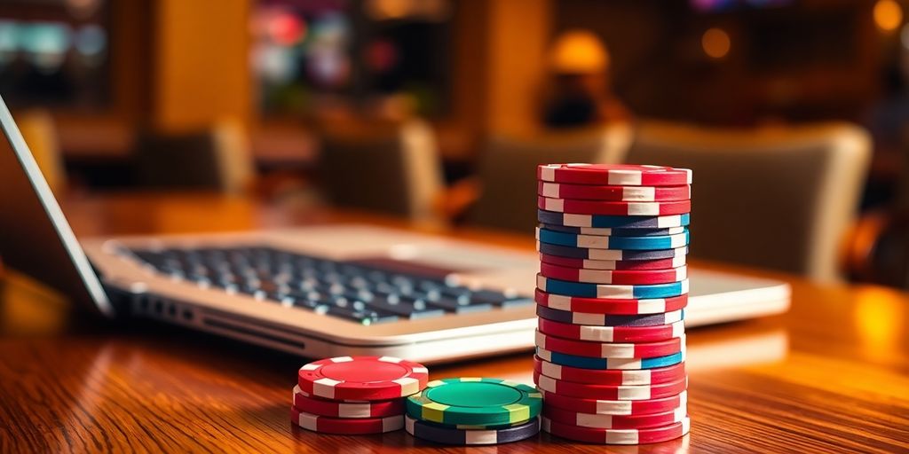 ชิปโป๊กเกอร์สีสันสดใสบนโต๊ะไม้