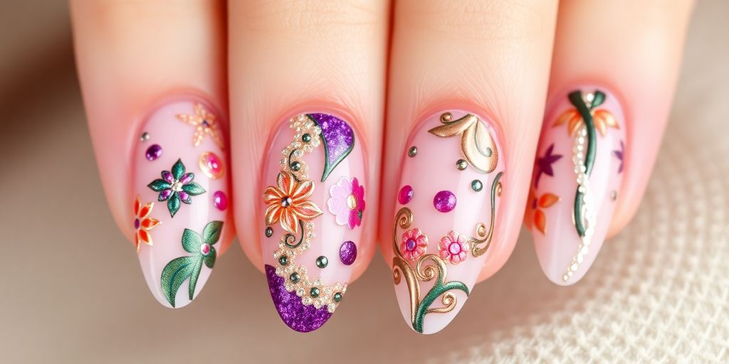 Unhas almond decoradas com designs sofisticados e elegantes.
