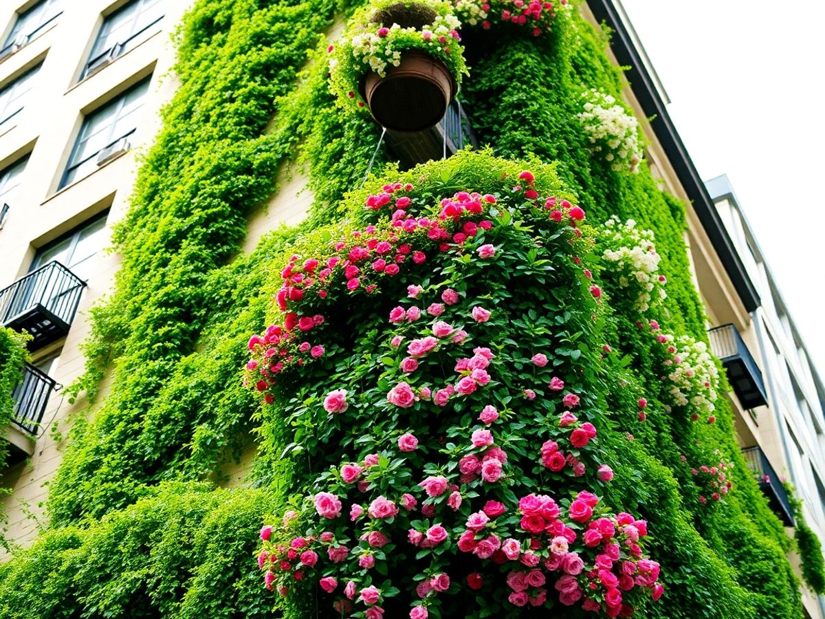 Grădină suspendată urbană cu plante verzi și flori viu colorate.