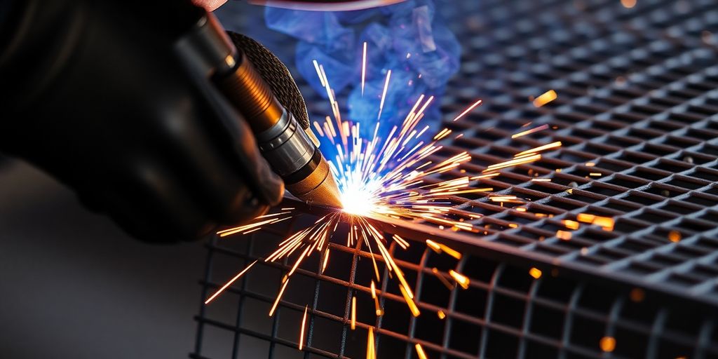 Worker welding metal mesh with sparks flying.