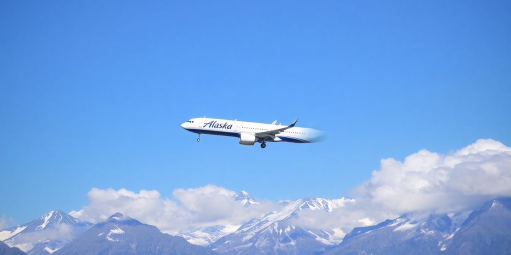 Alaska Airlines plane flying over snowy mountains.