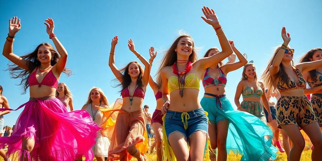 Youths in vibrant festival outfits dance outdoors.