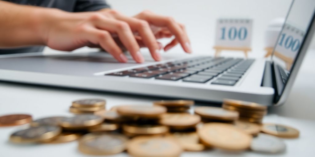 Laptop, coins, and a calendar