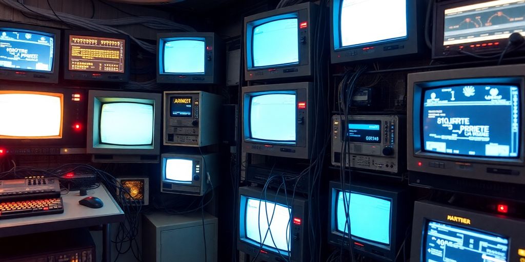 Vintage computer monitors glowing in a dark room.