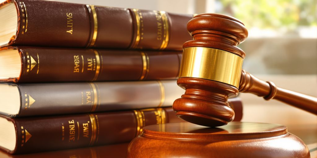 Gavel and legal books on a judge's desk.