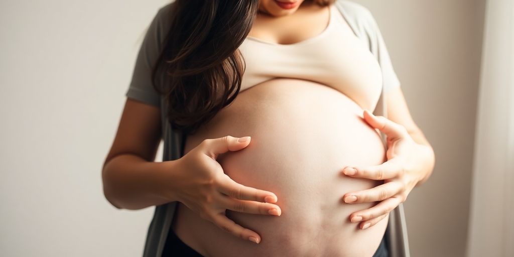 Mulher grávida feliz com as mãos na barriga.